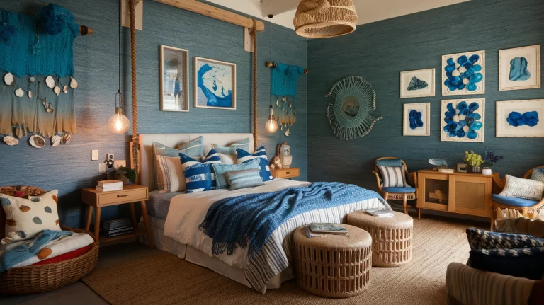 A cozy boho bedroom featuring blue decor elements. The room includes textured blue wallpapers, nautical-inspired decor touches such as seashells and rope accents, eclectic blue art pieces on the walls, and sustainable furniture made from reclaimed wood.