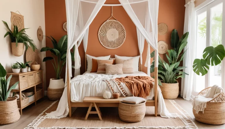 A vibrant and cozy teen bedroom styled in a boho aesthetic. The space features a canopy bed draped with sheer white fabric, layered with textured throws and fringed pillows in earthy tones. A woven rattan chair hangs in the corner, surrounded by lush green plants in jute baskets.