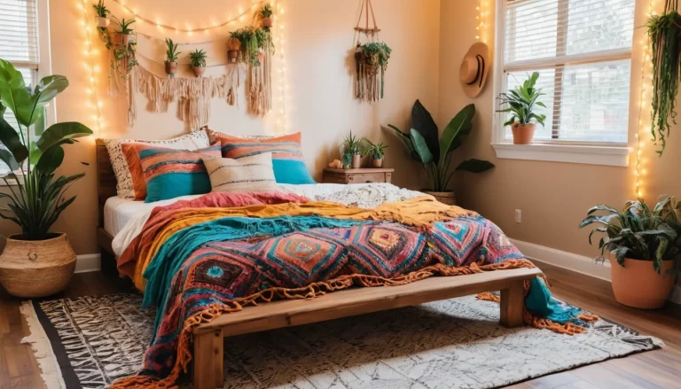 A vibrant and cozy hippie-inspired bedroom decor setup.