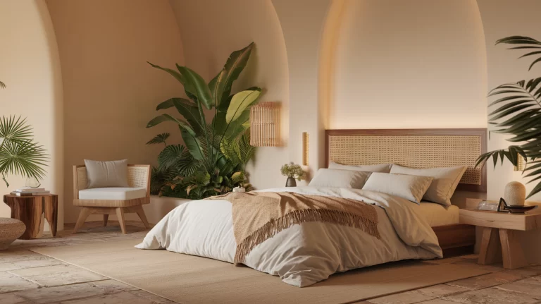 Nature-inspired bedroom with earthy decor elements. Include a cozy bed with soft linen, wooden furniture, lush green plants, woven textures, and warm, neutral tones.