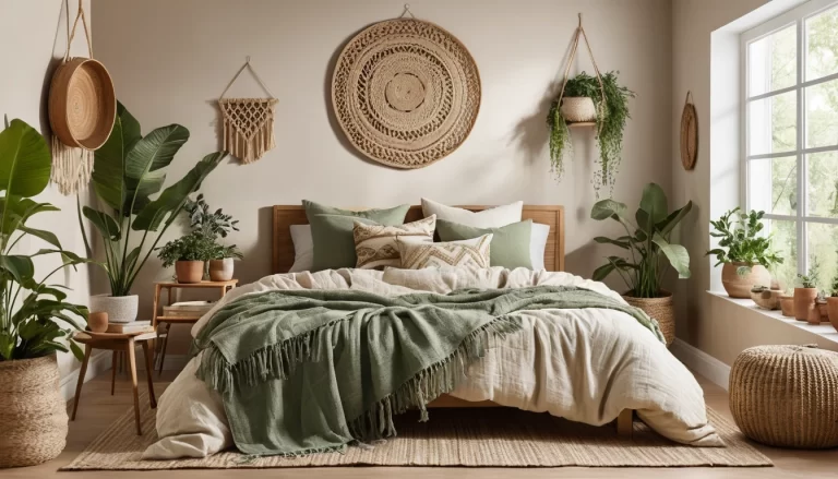 nature-inspired bedroom with earthy tones and boho elements.